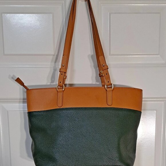 VALENTINA "Today is Your Best Day" Leather Tote Bag Purse Olive Green & Tan NWOT - Picture 3 of 9
